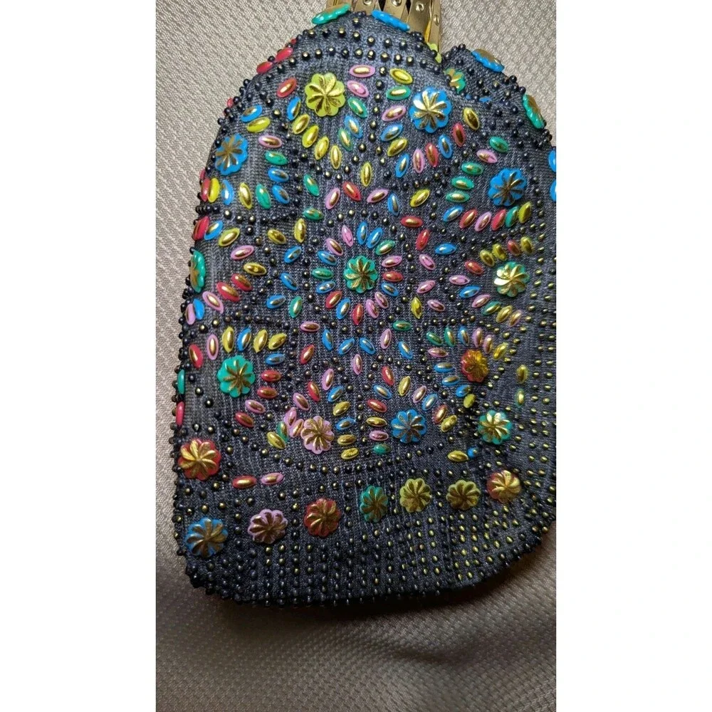 Beaded Evening Purse Handbag Colorful Beads on Black Accordian Top Handle 8 x 6